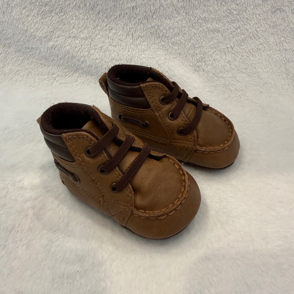 Brown Faux Leather Baby Moc Toe Boots Infant Size 0-3 Months Slip On Shoes